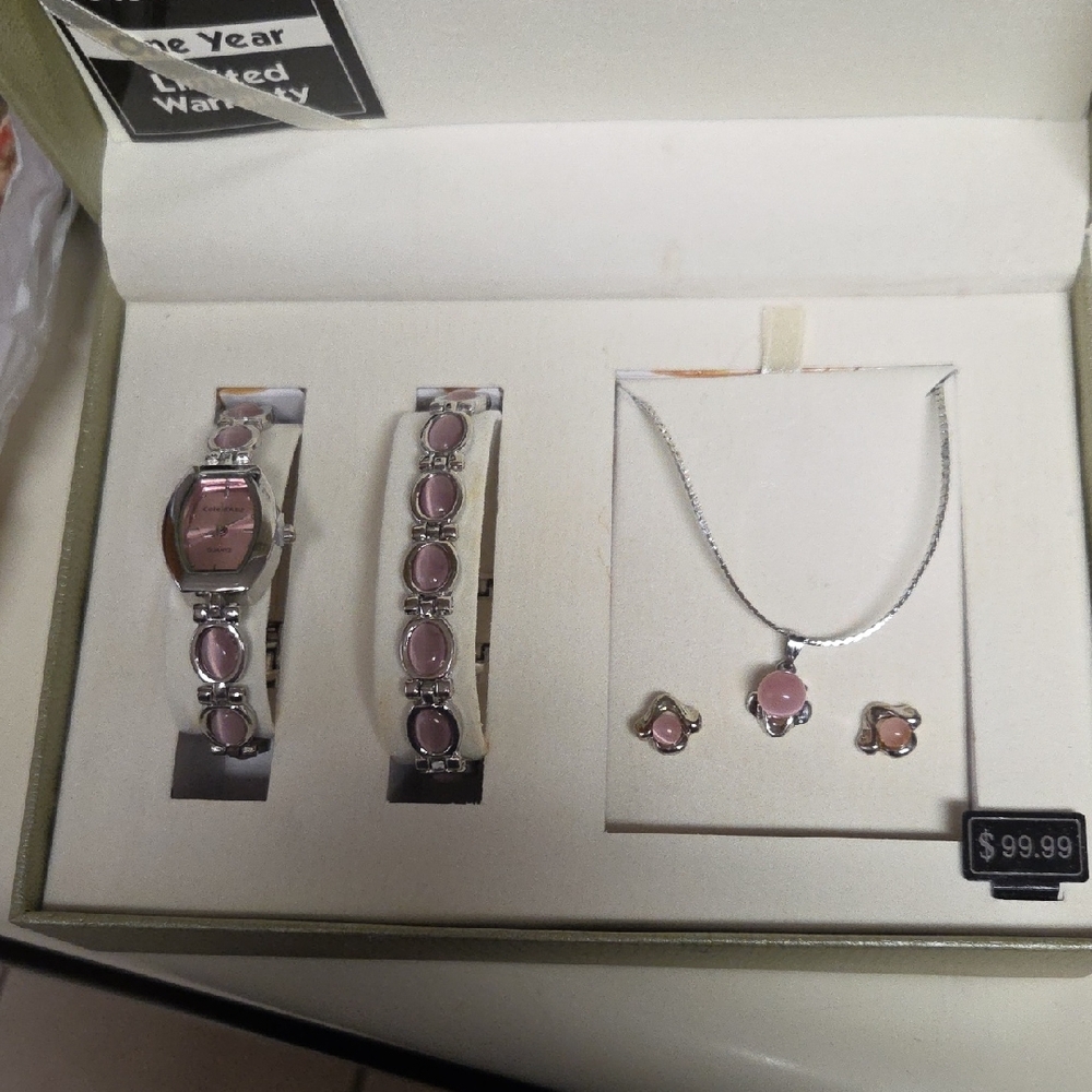 Pink Stone Jewelry Set with Watch